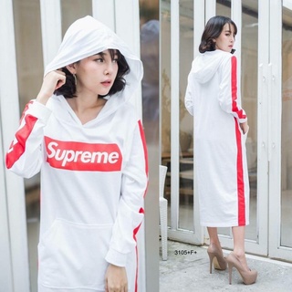 PP3105 Maxxi Dress มีฮูท แขนยาว สกรีนลายโลโก้ Supreme