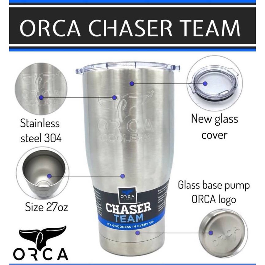 ORCA chaser team 27oz แก้วเก็บความเย็น ทำจากStainless steel 304  แกนกลางเป็นสูญญากาศ ยางปิดฝาแก้วหนาพิเศษ