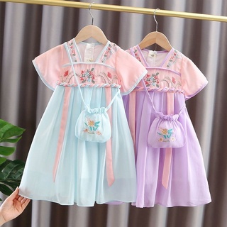 [สินค้าใหม่ พร้อมส่ง] Hanfu ชุดเดรสกระโปรง แขนสั้น สไตล์จีนโบราณ สําหรับเด็กผู้หญิง 2023