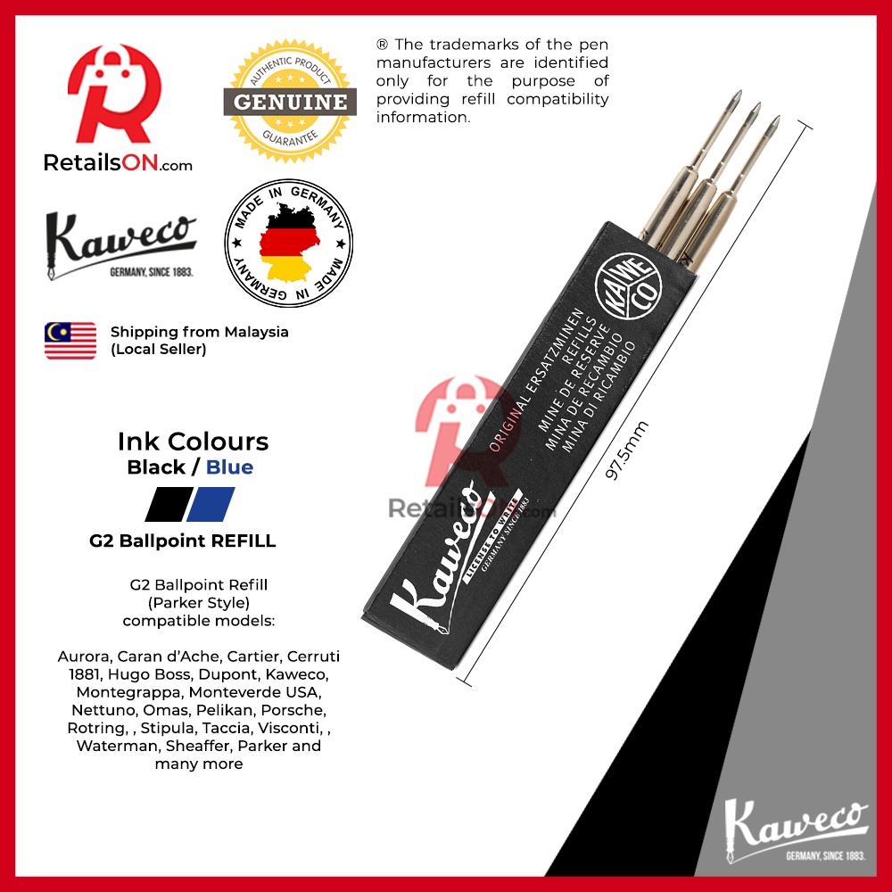 Kaweco Refill G2 Soul for Ballpoint Pens - สีดํา/น้ําเงิน | Standard Parker Style G2 Refill [1 แพ็ค 