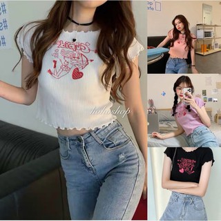 hohoshop  เสื้อครอปไหมพรมแขนสั้นปักลายคิวปิ้ดน่ารักกรุบ 5932-1