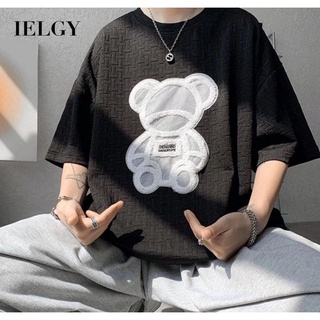 Ielgy เสื้อคอกลม แขนสั้น พิมพ์ลายหมี ทรงหลวม สไตล์ฮ่องกง สตรีท สําหรับผู้ชาย