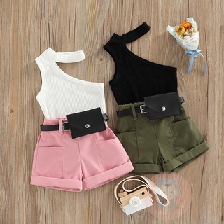 LAA6-Infant Girl Tanks Tops + Shorts + Waist Bag, Pockets Decoration Casual Style Summer Clothing