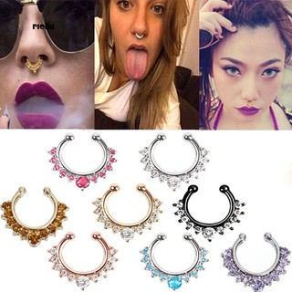 Richu_Womens Fashion Punk Rhinestone Inlaid U-shaped Fake Septum Clicker Nose Rings