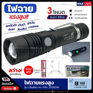 MaxLight ไฟฉาย T6 สว่างมาก ไฟฉายแรงสูง Zoomได้ ส่องไกล รุ่น Ultrafire 518 ไฟ 3 Mode ไฟฉายชาร์จUSB