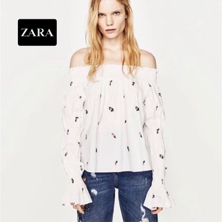 ZARA งานปักสีขาวเปิดไหล่ ป้าย S อก 33 ยาว 17 สวยใหม่ tag ตัดรุ่นตามหา