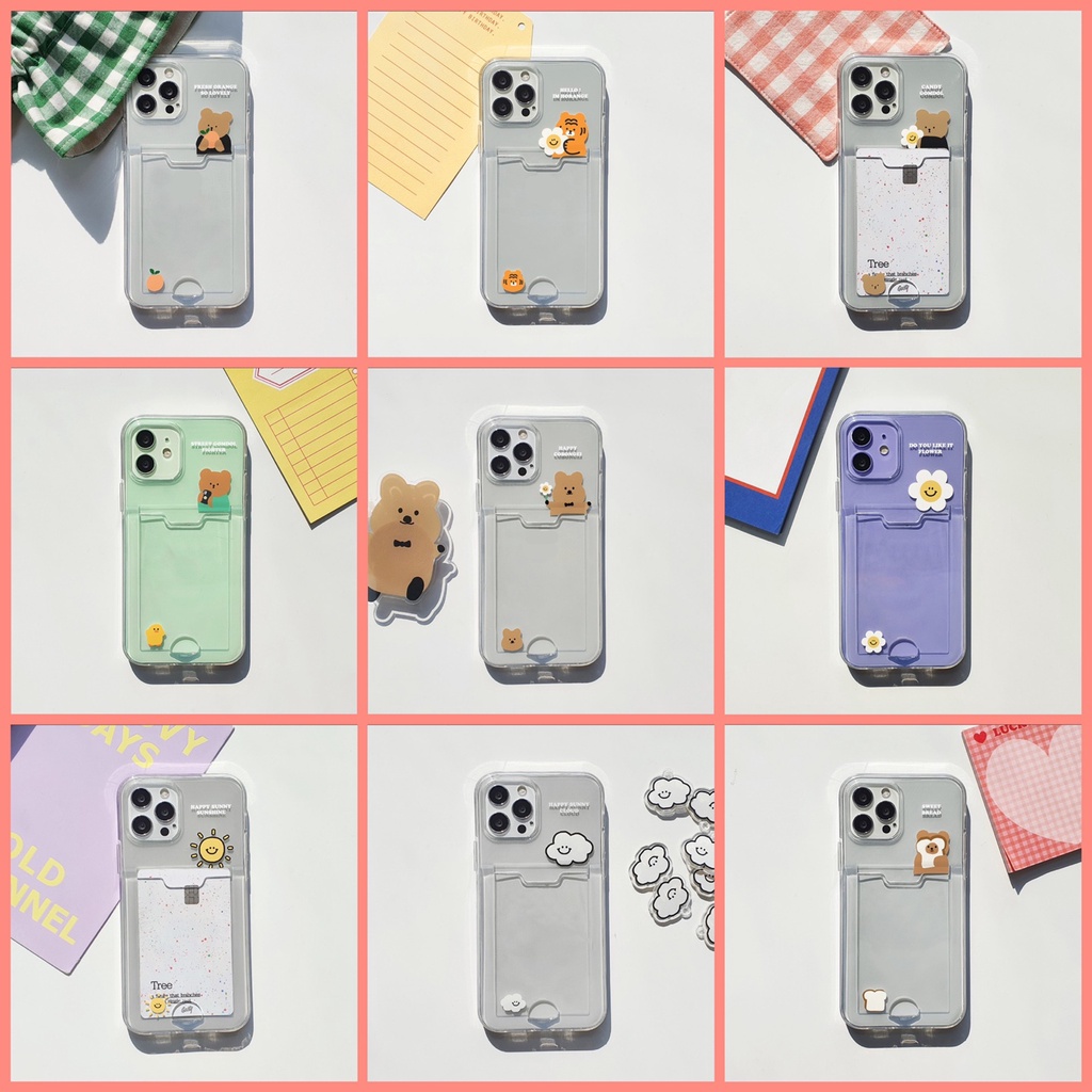 🇰🇷【 Korean Phone Case 】 Clear Jelly Card Storage Cute Case Collection Premium Unique Korea Hand Made MOMO Compatible for iPhone 8 xs xr 11pro 11 12 12pro mini 13 Galaxy
