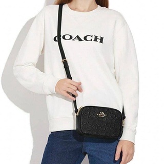 สีดำหนังทั้งใบNew COACH Mini Jamie Camera Bag In BLACK Signature Embossed Leather Crossbody ขนาด 7 1/2"