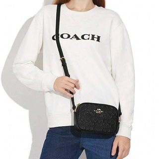 สีดำหนังทั้งใบNew COACH Mini Jamie Camera Bag In BLACK Signature Embossed Leather Crossbody ขนาด 7 1/2"