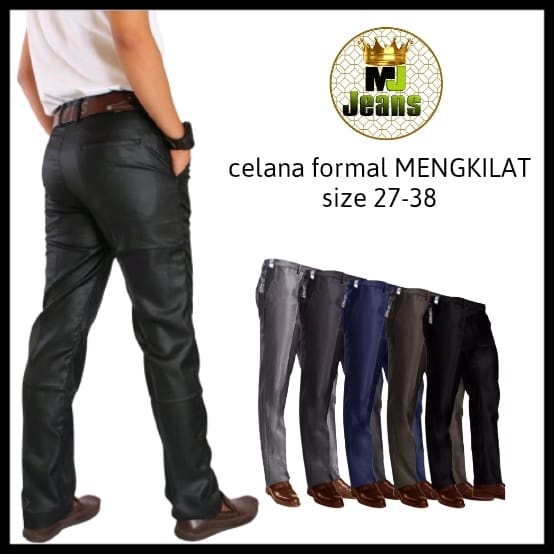 Hitam กางเกงทางการผู้ชาย Shiny Slimfit Metallic Basic Work UK 27-38 Navy Black