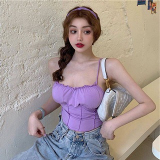 เสื้อครอปสายเดี่ยวผ้ายืด สีม่วง
