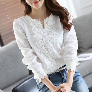 เสื้อท็อป แขนยาว ผ้าชีฟอง ปักลาย สีขาว