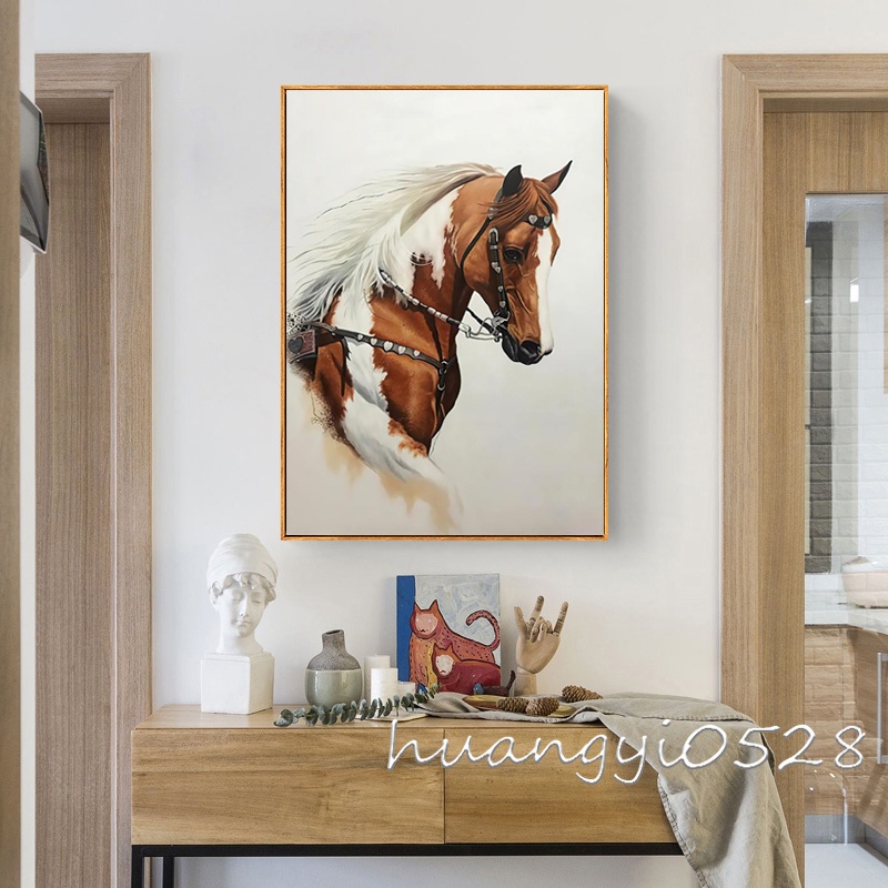 ภาพวาดผ้าใบ สไตล์นอร์ดิก สีขาว และสีน้ําตาล ม้า ตกแต่งบ้าน ห้องนั่งเล่น วอลเปเปอร์ โปสเตอร์ผ้าใบ ไร้กรอบ