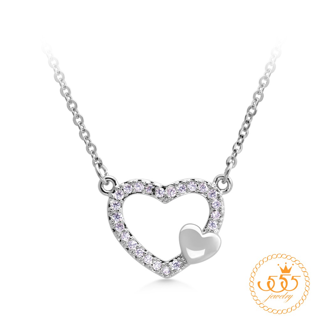 555jewelry จี้พร้อมสร้อย รูปหัวใจสองดวง ประดับเพชร CZ รุ่น MNC-BN006 - จี้ห้อยคอ จี้สร้อยคอ จี้สร้อย