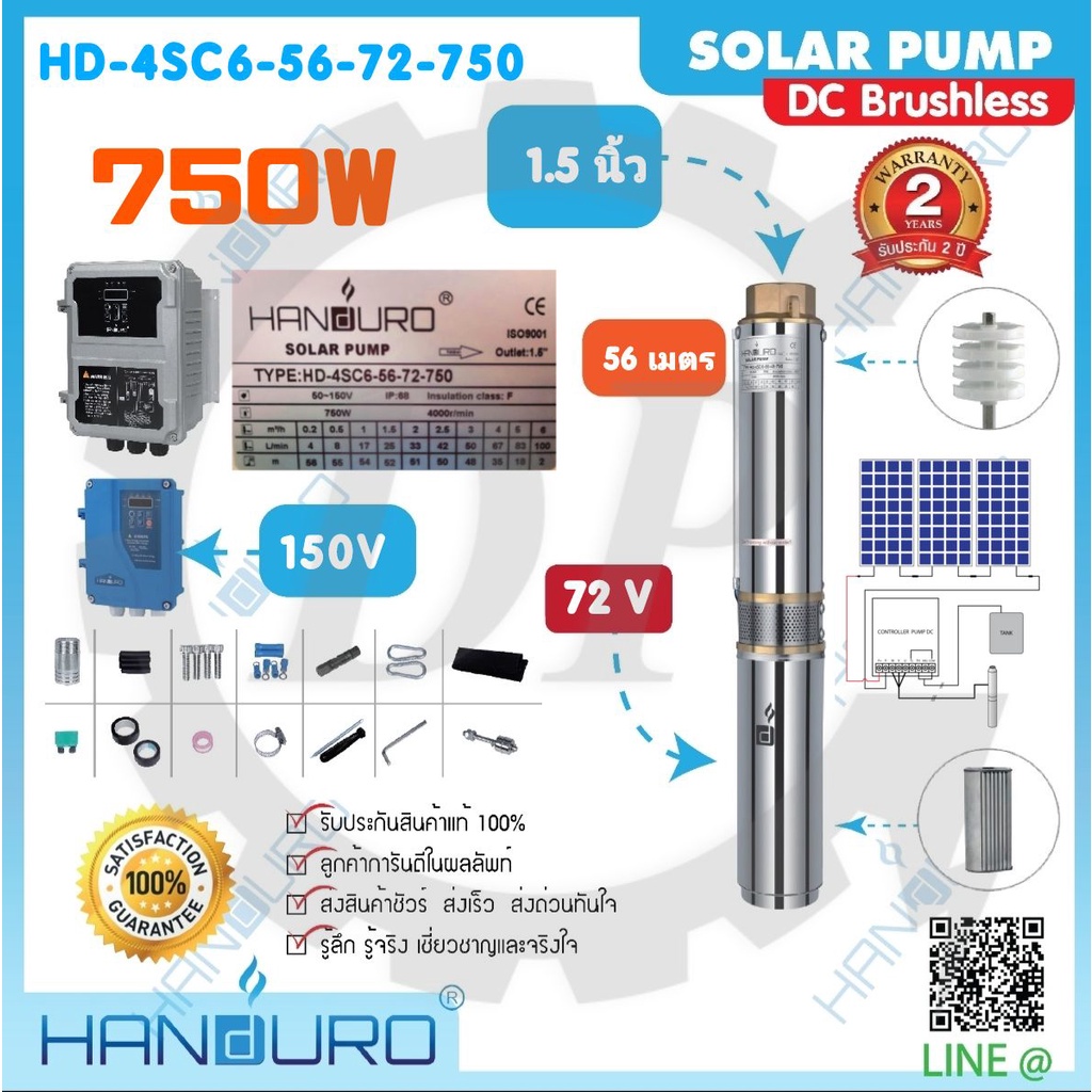 ปั๊มน้ำโซล่าเซลล์ HANDURO ขนาด 750W [ HD-4SC6-56-72-750 ] ท่อออก 1.5 นิ้ว ปริมาณน้ำสูงสุด 6 คิว