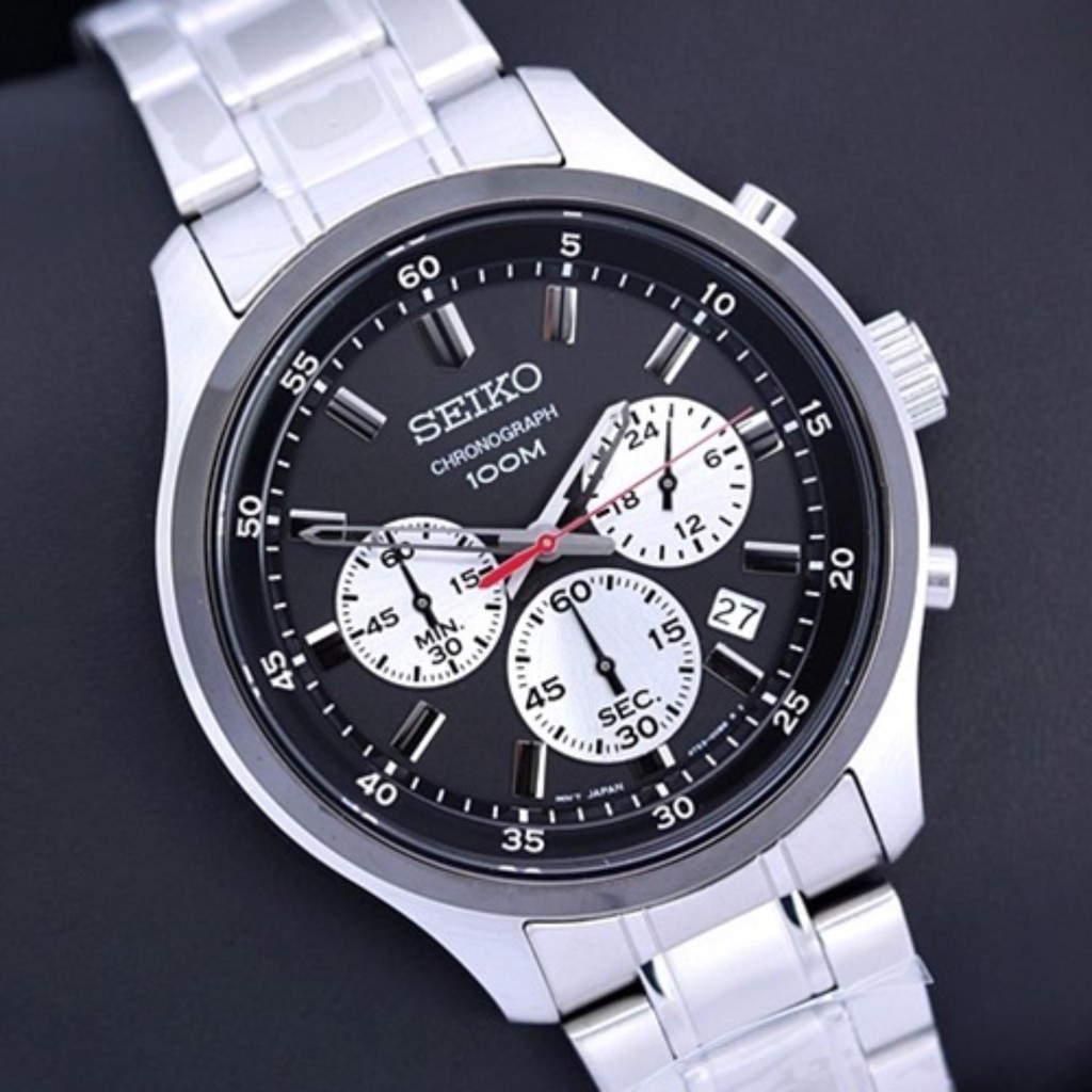SEIKO Neo Sport นาฬิกาข้อมือผู้ชาย Chronograph สายสแตนเลส หน้าดำขอบดำ รุ่น SKS593P1