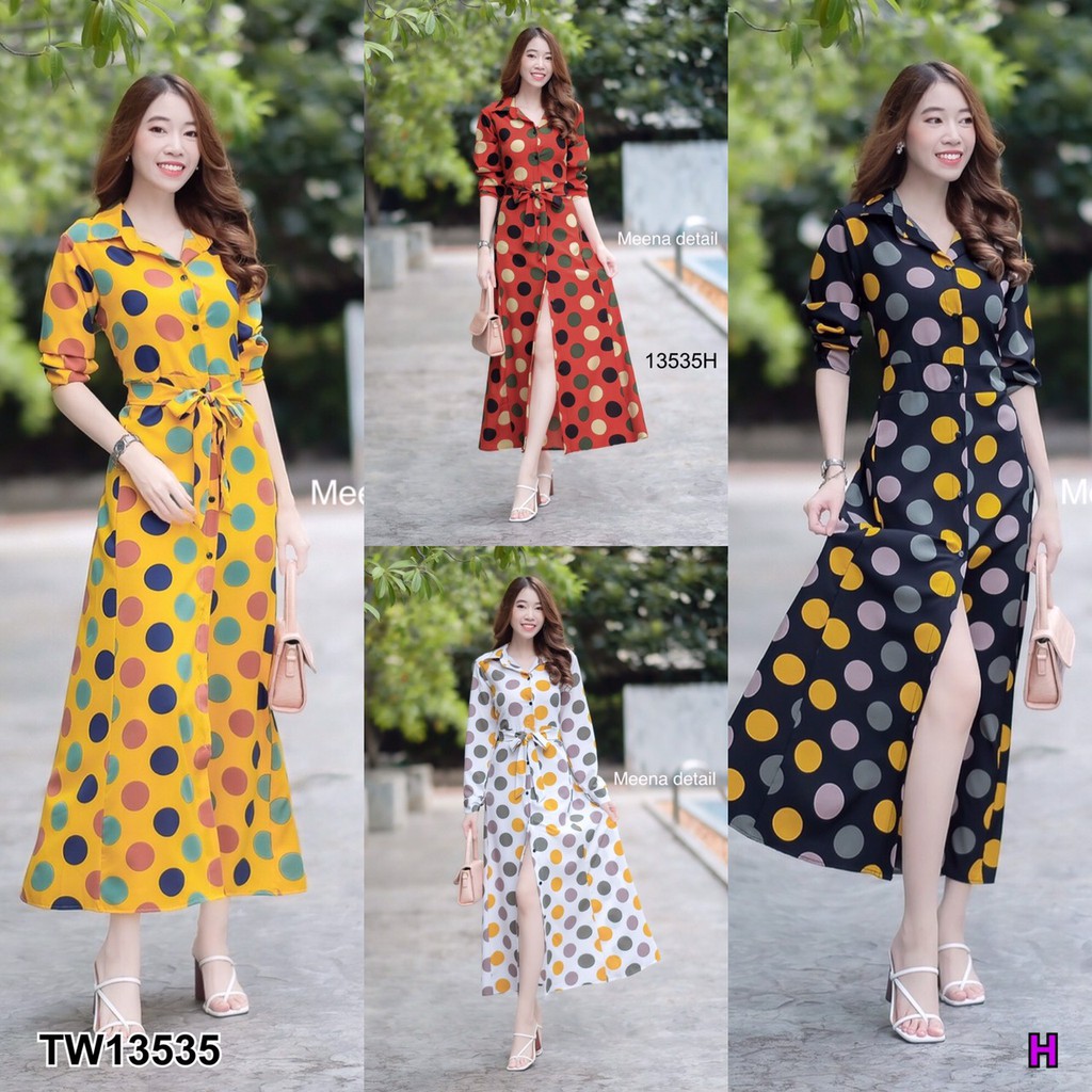 SS13535 Maxi Dress เดรสเชิ้ต แขนยาว ลายจุด