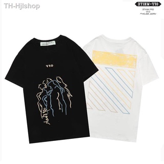 HH 【แขนสั้นผู้ชาย】 OFF WHITE ผู้ชายและผู้หญิงแฟชั่นลำลองเสื้อยืดแขนสั้น คอกลม