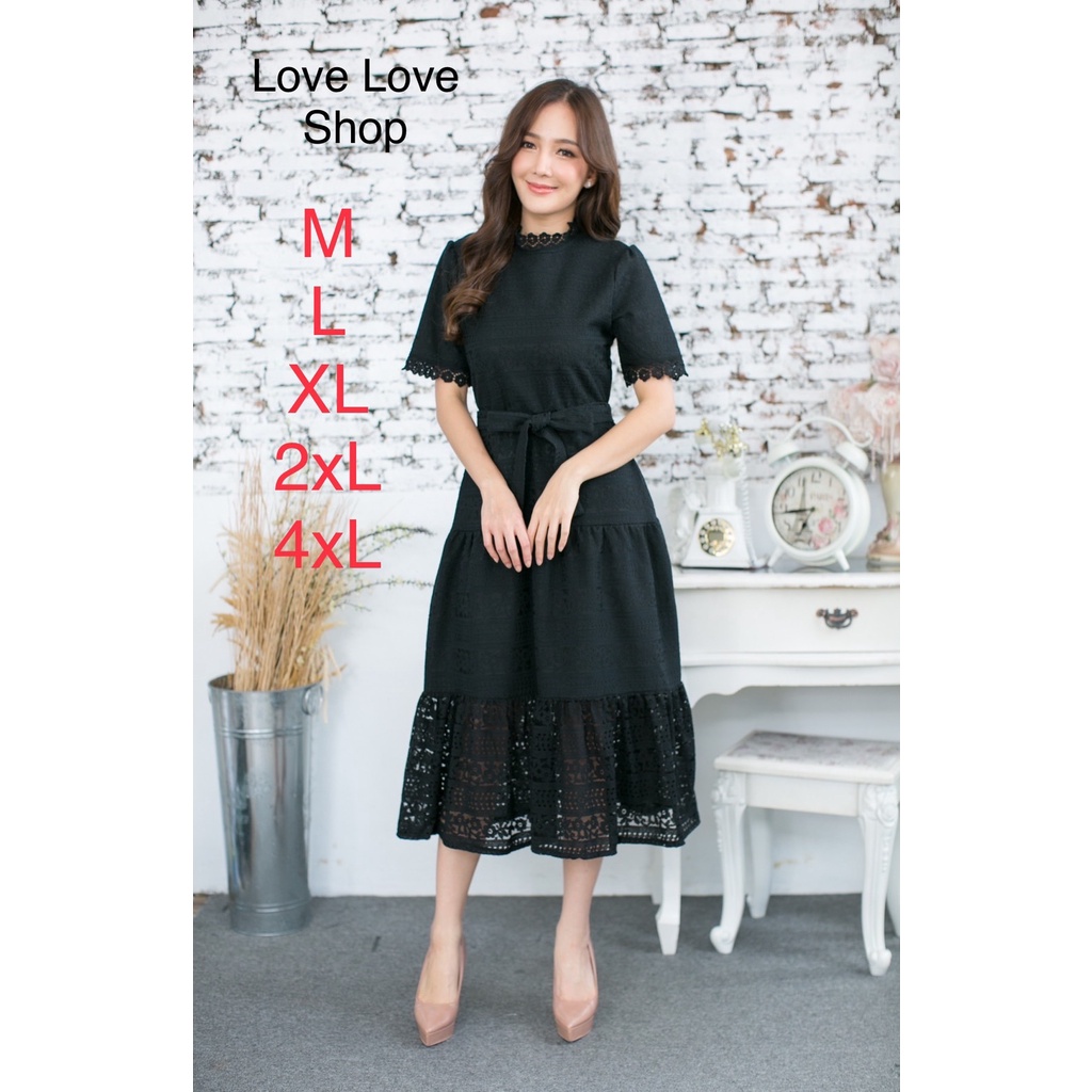 พร้อมส่ง!!!! ชุดเดรส ผูกเอว แยกสาย ลูกไม้นิ่ม (สีดำ) Love Love เดรส ผ้าลูกไม้เข้ารูปสวยตัดต่อลูกไม้
