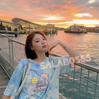 SALABO(พร้อมส่ง)  🐬เสื้อยืดโอเวอร์ไซส์สีมัดย้อมรูปโลมา สไตล์เกาหลี🐬 #Loma