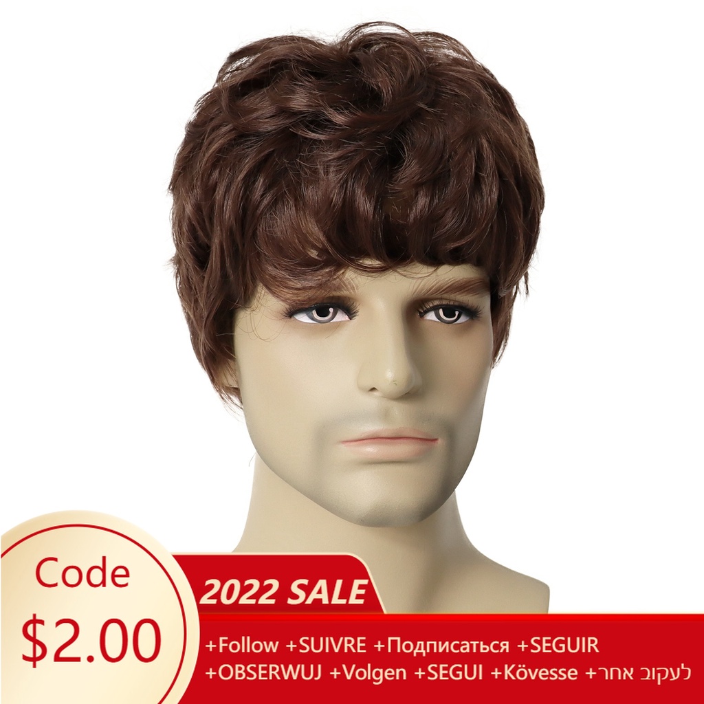 สีแดงสุทธิ┇ Gnimegil Synthetic Wigs Man Brown Short Wigs For Men Guys