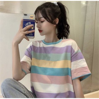 🌈เสื้อยืดลายทาง-สีพาสเทลสุ่มสี-สไตล์oversize ผ้านิ่มใส่สบายสุดๆ พร้อมส่ง#370🌈