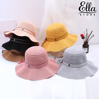 Ellastore123 หมวกปีกกว้าง ผ้าถัก ประดับโบว์ กันแดด พับได้ สําหรับผู้หญิง