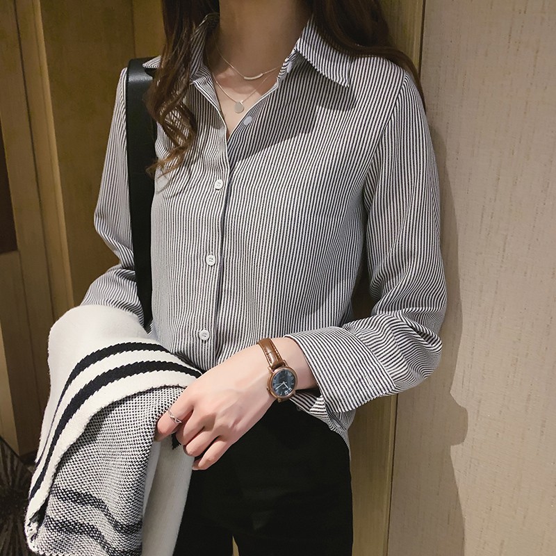 เสื้อเชิ้ตลายทาง สีฟ้า น้ำตาลเหลือ ดำ ขนาด อก 40 38 สไตล์เกาหลี เสื้อทำงานผู้หญิง สุภาพ