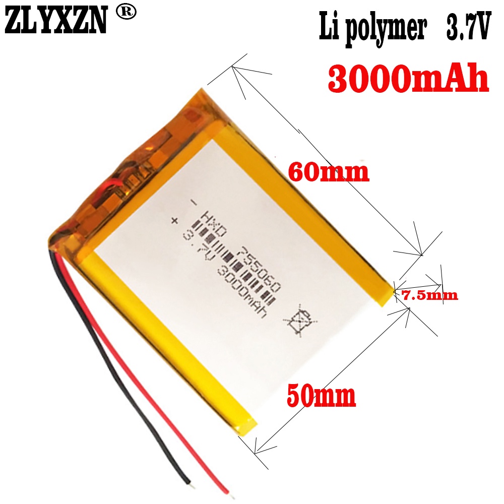 60*50*7.5mm 3.7V 3000mAh 755060 Li Polymer Batteries For DVD GPS Power Bank Camping Lights PC Laptop