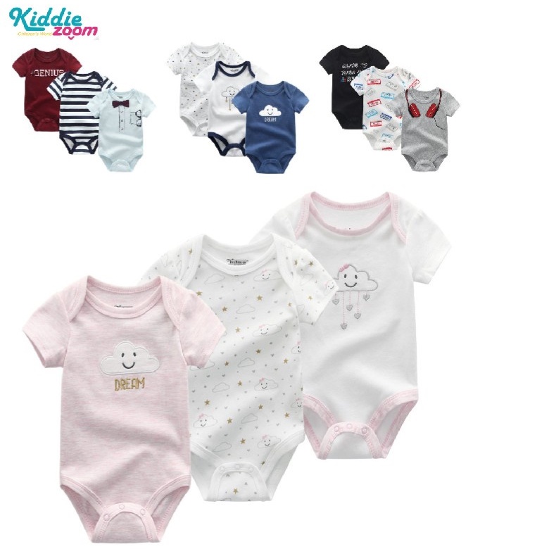 Kiddiezoom 3PCS ผ้าฝ้ายจั๊มสูทแฟชั่นสําหรับทารกเด็กชายสาวบอดี้สูท แขนสั้น