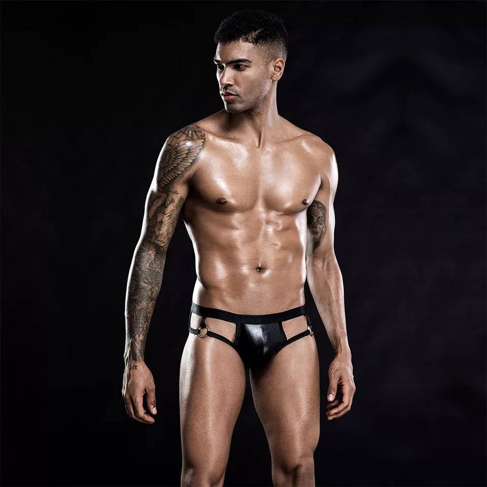 Jockstrapsกางเกงในชายเปิดก้น มีห่วง ซ้าย-ขวา หนังPU ดำเงา