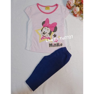 Disney เสื้อยืดสีชมพูลายมินนี่ จับแมทช์คู่กางเกงเลกกิ้งสีกรม 6-12M