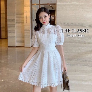 M-2XL 🧸เดรสแขนตุ๊กตาคอตั้ง ฉลุลวดลาย 🧸classic