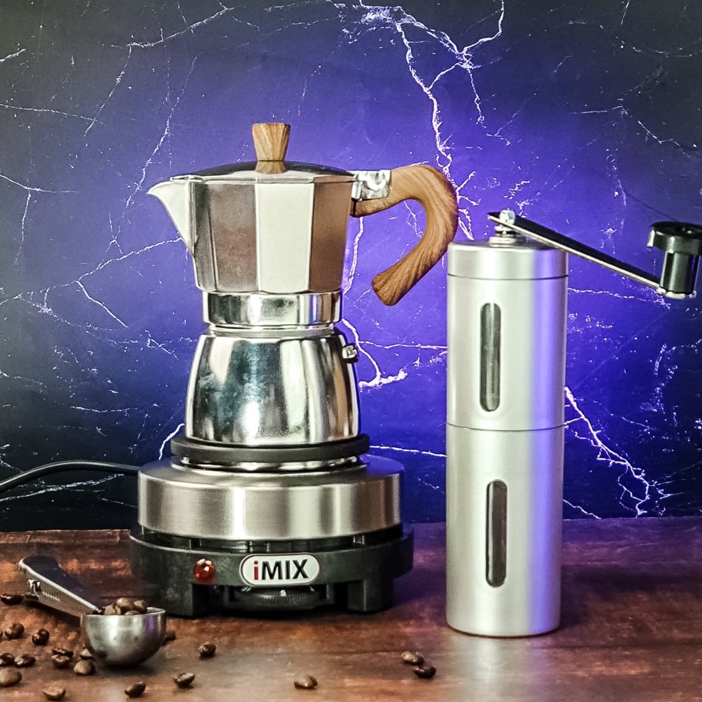 ชุด moka pot 4 ชิ้น moka 3cup+เตา imix 500 w. + เครื่องบดกาแฟมือหมุน + ช้อน 2 in 1 (แถมกระดาษกรอง) เ