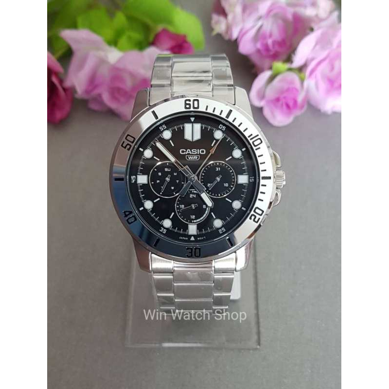 Win Watch shop นาฬิกา Casio รุ่น MTPVD300D1E นาฬิกาผู้ชาย สายแสตนเลสสีเงิน หน้าปัดสีดำ รุ่นใหม่ล่าสุ