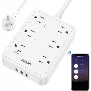 Tessan เต้าเสียบไฟอัจฉริยะ WiFi พร้อมช่องเสียบ 3 ช่อง และพอร์ต USB 3 ช่อง สายไฟ 6 ฟุต ป้องกันไฟกระชาก ติดผนัง สีขาว สําหรับ Alexa และ Google Home