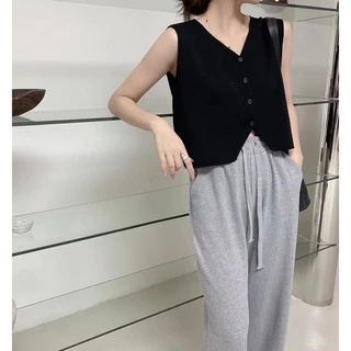 Cicishop(B1906/B2527)เสื้อแขนกุดไหมพรม กระดุมหน้า สีพื้นเบสิค เรียบๆ ผ้านิ่มใส่สบายมาก