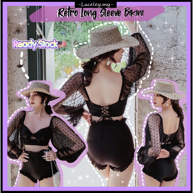 Retro 2PCS แขนยาวโปร่งใสสไตล์เกาหลีชุดว่ายน้ําฤดูร้อนชุดว่ายน้ําบิกินี่/气质长 breast2件套套秋装[L106]