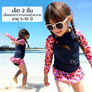 (M-3XL) ชุดว่ายน้ำเด็กผู้หญิง สีน้ำเงินแขนลายหัวใจ อายุ 5-10 ปี #1205