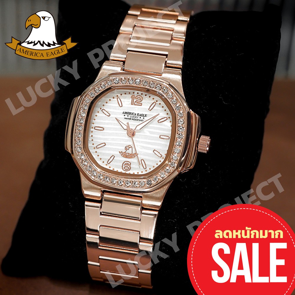 America Eagle นาฬิกาข้อมือผู้หญิง ราคาถูก แถมกล่องนาฬิกา รุ่น 8014L สาย2กษัตริย์พิ้งโกลด์หน้าปัดขาวมุกขอบเพชร