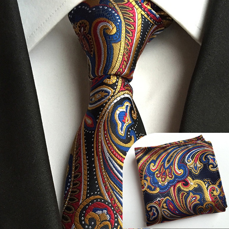 EFAN สีแดงสีเขียว Gold Paisley Jacquard ทอผ้าไหม 8 ซม.ดอกไม้ลายคอสําหรับชาย Ties กระเป๋าสแควร์ชุด
