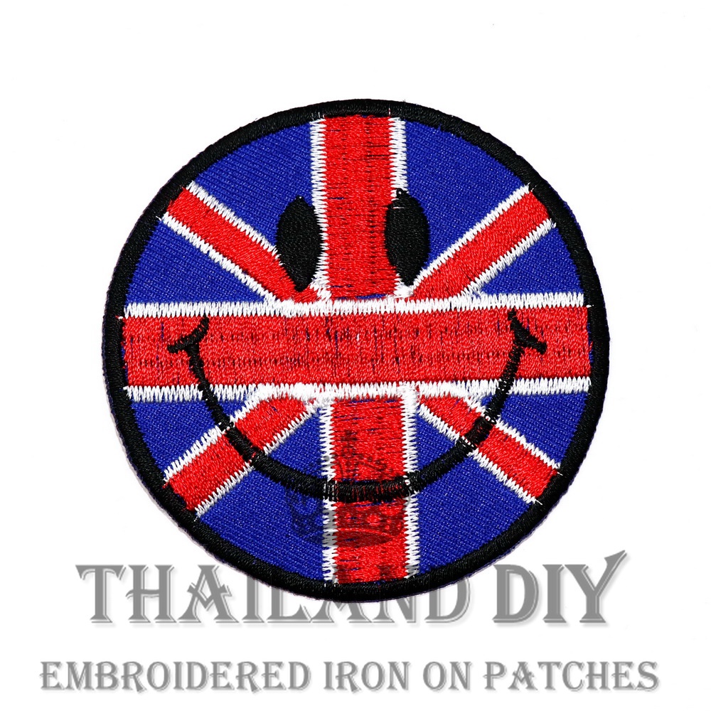 😀 ตัวรีดติดเสื้อ ตัวรีดหน้ายิ้ม ลายการ์ตูน ธงชาติอังกฤษ WOP smiley UK Flag Face Patch งานปัก DIY ตัว