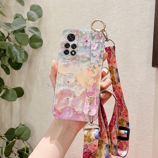 พร้อมส่ง ใหม่ เคสโทรศัพท์มือถือ ซิลิโคนนิ่ม ลายภาพวาดสีน้ํามัน รูปดอกซากุระ พร้อมสายคล้องข้อมือ สําหรับ  Redmi Note 11 Pro 11s Note11 10 10S 4G 5G