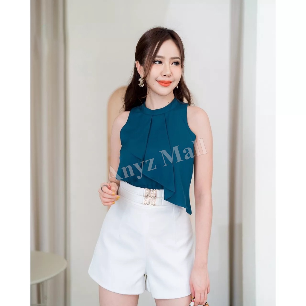 เสื้อแฟชั่นผู้หญิง เสื้อคอตั้งระบายหน้า ใส่ทำงานได้ เรียบหรูดู แพงสาย ผ้าชูก้า เสื้อผู้หญิงอก 36 งานป้าย Proud by up