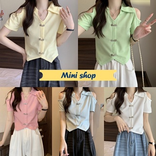 Mini shop🌸พร้อมส่ง🌸(19032) เสื้อแขนสั้นไหมพรม คอปก น่ารักสไตล์เกาหลีมากสีพาสเทล