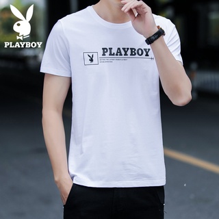 PLAYBOY เสื้อยืดแขนสั้นผู้ชายฤดูร้อนรอบคอพิมพ์แนวโน้มป่า (M-3XL)