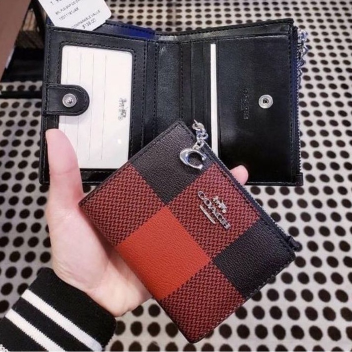 🎀 (สด-ผ่อน) กระเป๋าสตางค์ แบบบาง สีแดงสก๊อต COACH C1884 SNAP CARD CASE WITH BUFFALO PLAID PRINT