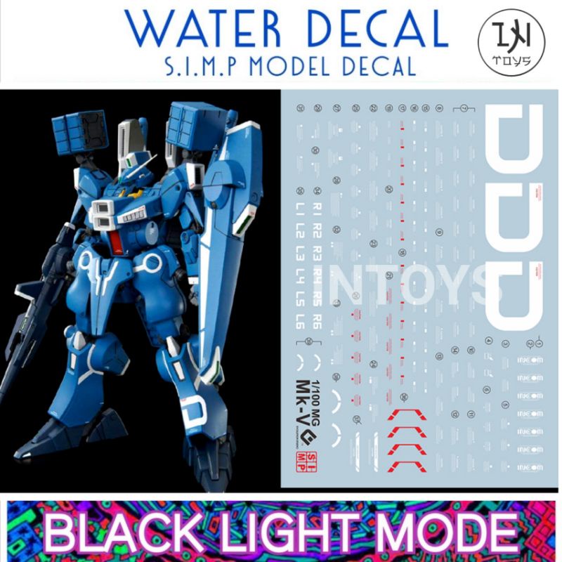 Water Decal MG1/100 Gundam MK-V ยี่ห่อ S.I.M.P. Model Decal ( เรืองแสงในแสงแบล็คไลท์ แต่ละลายเรืองแสงมากน้อยไม่เท่ากัน)​