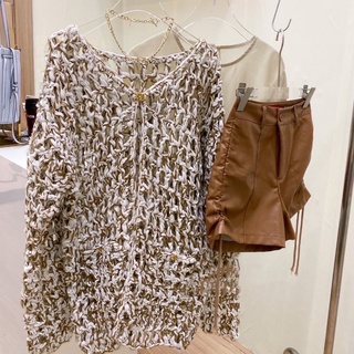 zatani knitted c-through outer - brown T818 เสื้อคลุมไหมพรมทอ สีขาวน้ำตาลตัดกัน