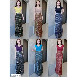 เสื้อครอปผ้าเรย่อน สีพื้น + กระโปรงยาว